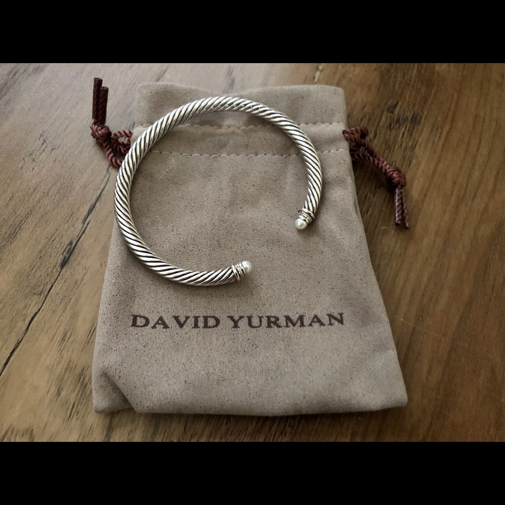David Yurman SS cable diamond pearl bracelet cuff